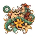 mermaid. octopus. turtle and seashells arranged tattoo design idea