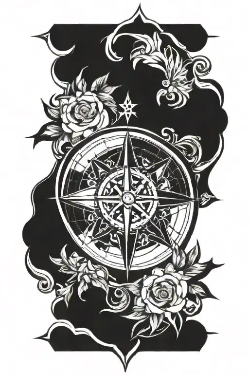 A tattoo design featuring a compass rose intertwined with a loyal dog, symbolizing the client's love for travel and loyalty to their canine companion tattoo design idea