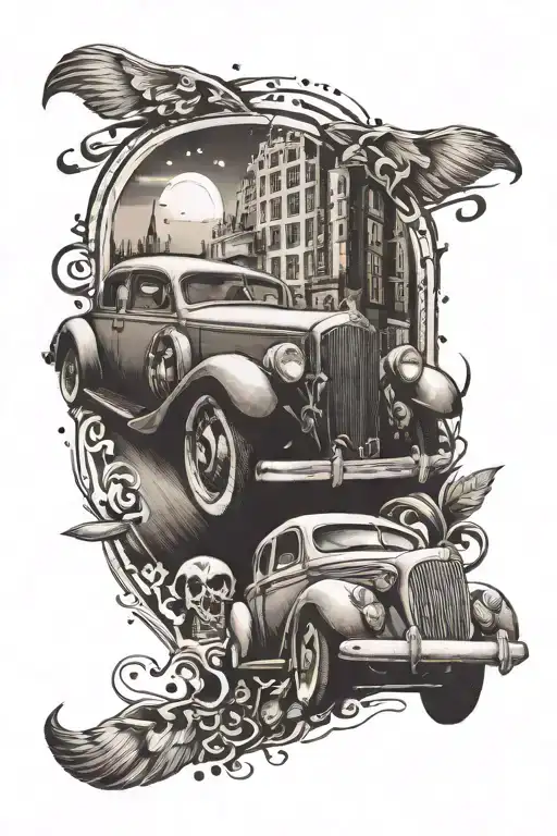 A tattoo design of a vintage car driving through a tunnel made of loyalty symbols, representing the client's dedication to their occupation as a driver and their love for travel tattoo design idea