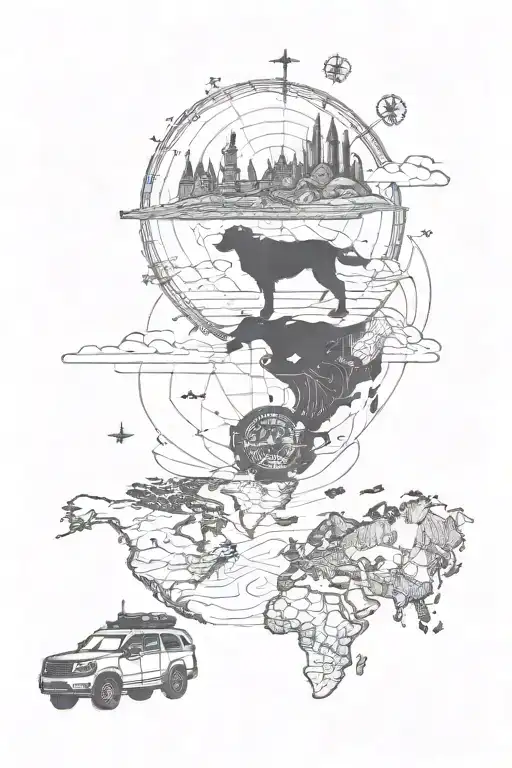  map and compass with road connecting landmarks, incorporating a car and a loyal dog as travel companion tattoo design idea