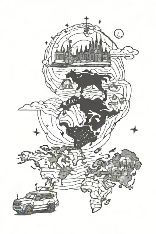  map of the world with a winding road connecting landmarks, incorporating a car and a loyal dog as travel companion tattoo design idea