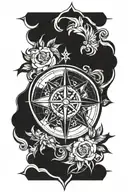 A tattoo design featuring a compass rose intertwined with a loyal dog, symbolizing the client's love for travel and loyalty to their canine companion tattoo design idea