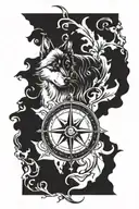 A tattoo design featuring a compass rose intertwined with a loyal dog, symbolizing the client's love for travel and loyalty to their canine companion tattoo design idea