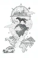  map and compass with road connecting landmarks, incorporating a car and a loyal dog as travel companion tattoo design idea