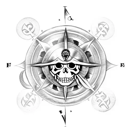 pirate coin with compass and skull tattoo design idea