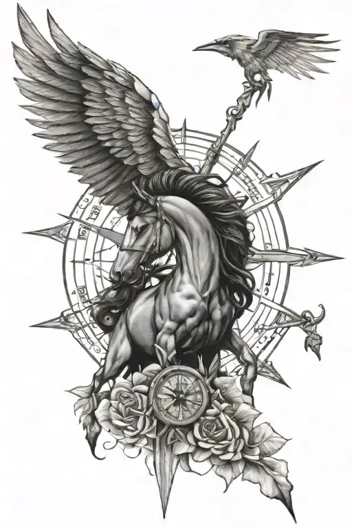 lightning, a Greek thieve, a Spartan, a winged horse, an eye with hands, a rose and a compass tattoo design idea