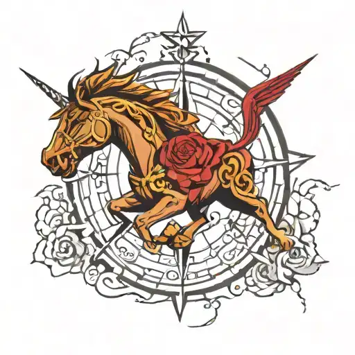 lightning, a Greek temple, a Spartan, a winged horse, an eye with hands, a rose, a compass tattoo design idea