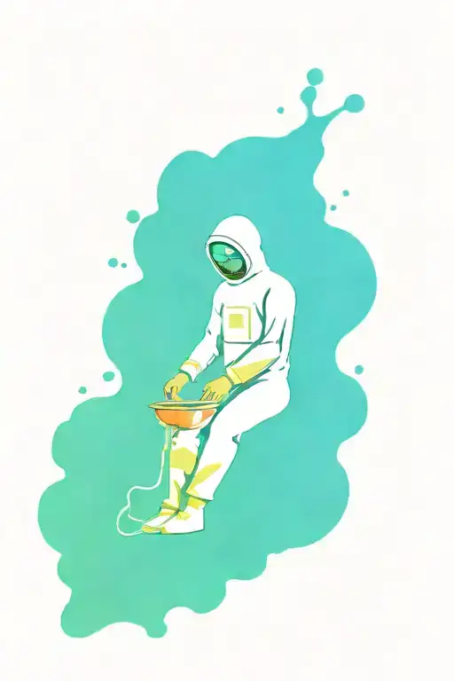 unalome symbol music notes floating meat grinder man in hazmat suit tattoo design idea