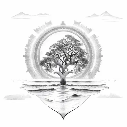 sun rays, ocean waves, oak tree, heart tattoo design idea