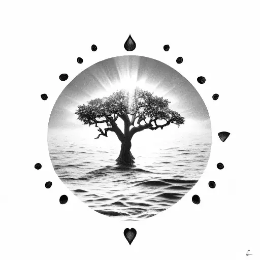 sun rays, ocean waves, oak tree, heart tattoo design idea
