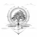 sun rays, ocean waves, oak tree, heart tattoo design idea
