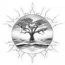 sun rays, ocean waves, oak tree, heart tattoo design idea