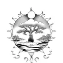 sun rays, ocean waves, oak tree, heart tattoo design idea