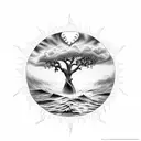 sun rays, ocean waves, oak tree, heart tattoo design idea