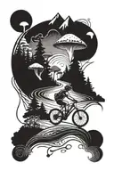 bicycle riding mountains with trees mushrooms   tattoo design idea