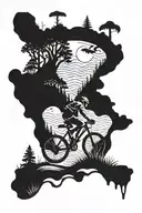 bicycle riding mountains with trees mushrooms   tattoo design idea