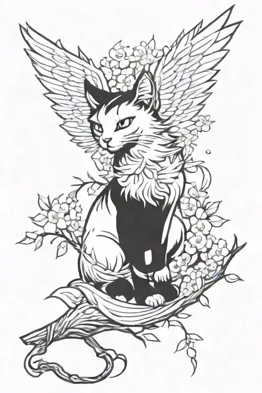 anime cat with wings resembling a phoenix on a sakura branch for males tattoo design idea