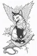 anime cat with wings resembling a phoenix on a sakura branch for males tattoo design idea