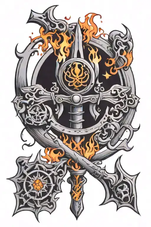 A minimal tattoo of a mystical flaming weapon with the triple moon symbol incorporated into the design tattoo design idea