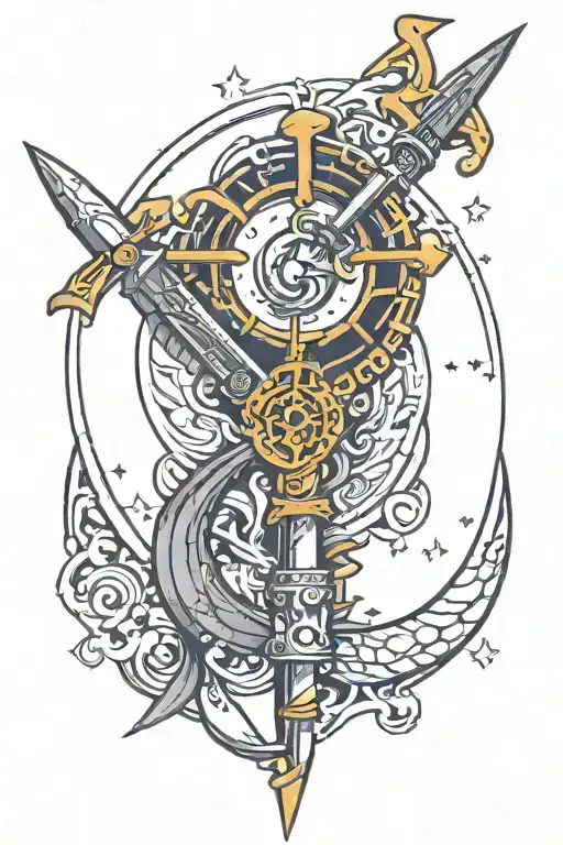 A new-school style tattoo of a mystical weapon with the triple moon symbol incorporated into the design tattoo design idea