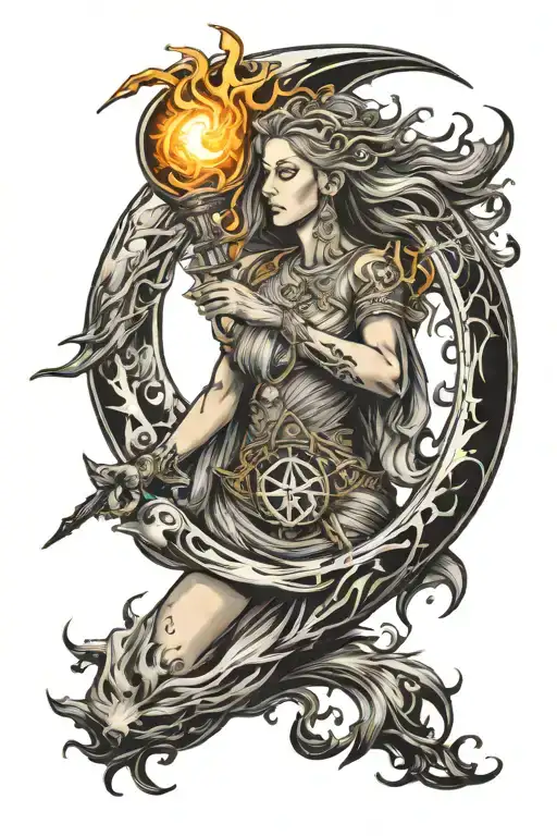 long war-like flaming torch piercing straight through the triple moon goddess symbol, minimal tattoo design idea