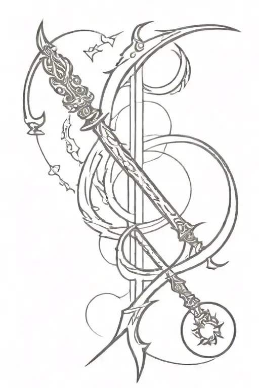 A minimal tattoo of a mystical flaming weapon with the triple moon symbol incorporated into the design tattoo design idea