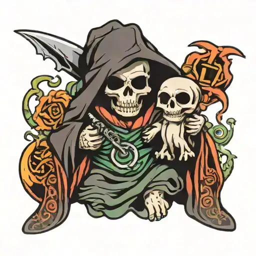 baby grim reaper with sythe in a Miami hurricanes robe  tattoo design idea