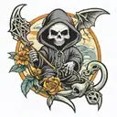 baby grim reaper with sythe in a Miami hurricanes onsie tattoo design idea