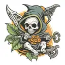 baby grim reaper with sythe in a Miami hurricanes onsie tattoo design idea