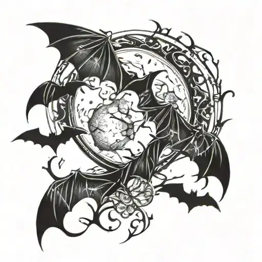 gothic full moon and bat  tattoo design idea