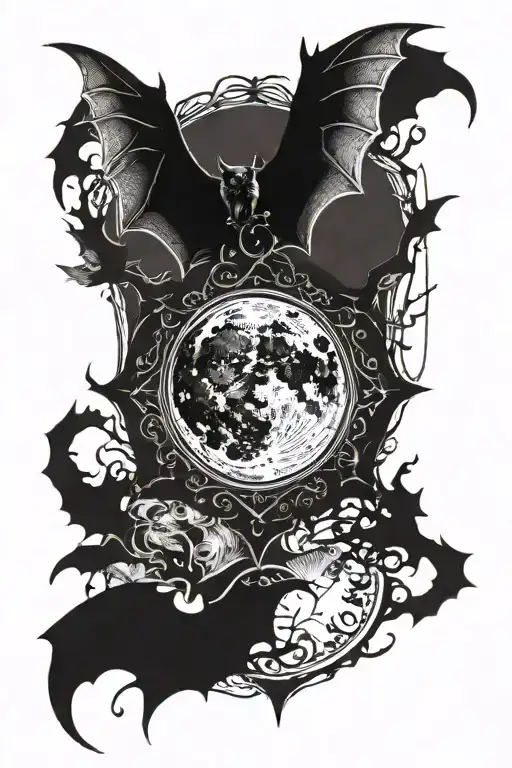 gothic full moon and bat  tattoo design idea