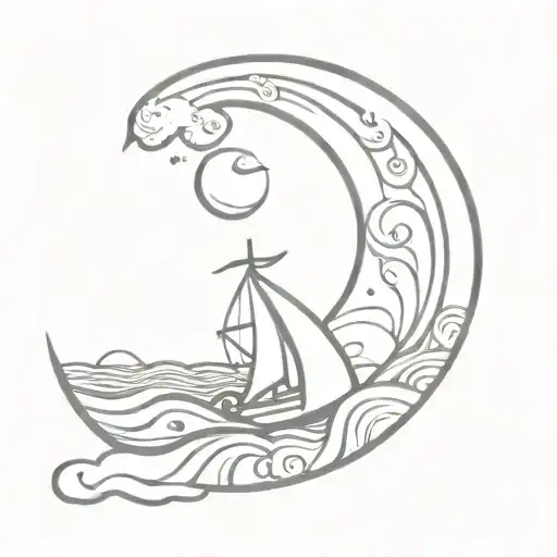 Help me create a tattoo with sea waves at night that the waves hide a letter V, with a crescent that appears tattoo design idea