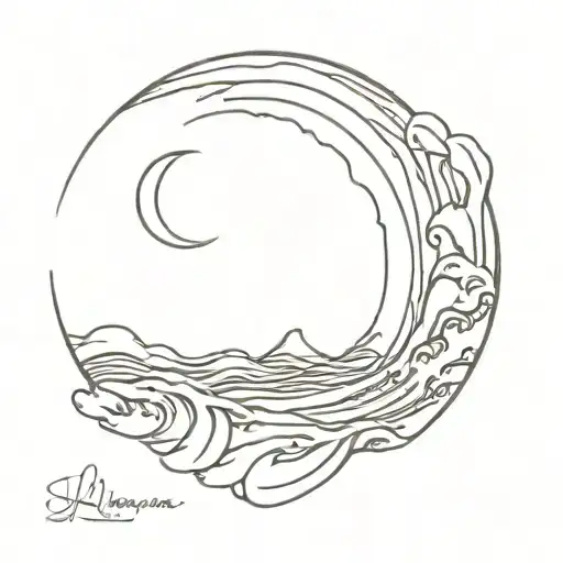 Help me create a tattoo with sea waves at night that the waves hide a letter V, with a crescent that appears tattoo design idea