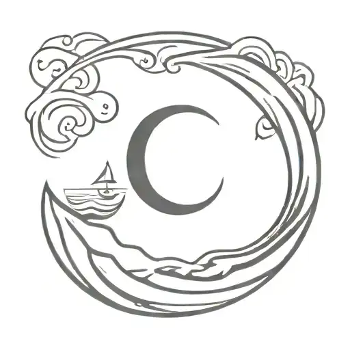 sea ​​waves at night that the waves hide a letter V, with a C-shaped crescent tattoo design idea
