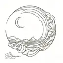 Help me create a tattoo with sea waves at night that the waves hide a letter V, with a crescent that appears tattoo design idea
