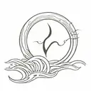 Help me create a tattoo with sea waves at night that the waves hide a letter V, with a crescent that appears tattoo design idea