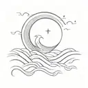 Help me create a tattoo with sea waves at night that the waves hide a letter V, with a crescent that appears tattoo design idea
