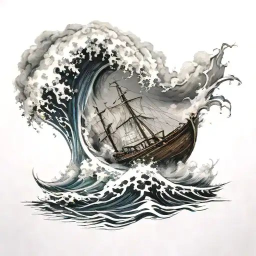 a boat on a wave in a storm tattoo design idea
