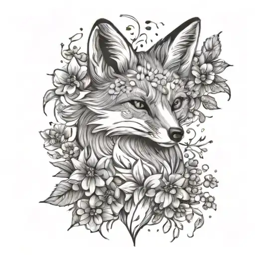 A playful fox surrounded by blooming flowers in a black-grey palette tattoo design idea