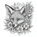 A playful fox surrounded by blooming flowers in a black-grey palette tattoo design idea