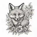 A playful fox surrounded by blooming flowers in a black-grey palette tattoo design idea
