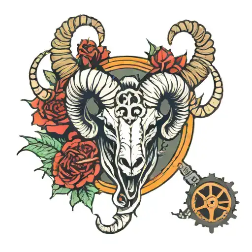 two ram-like horns from a tiefling, with a gear below, and the phrase "not even death could do us apart" tattoo design idea