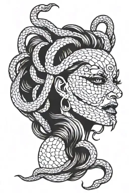 Medusa angry snake hair with blindfold covering her eyes tattoo design idea