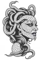 Medusa angry snake hair with blindfold covering her eyes tattoo design idea