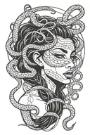 Medusa angry snake hair with blindfold covering her eyes tattoo design idea