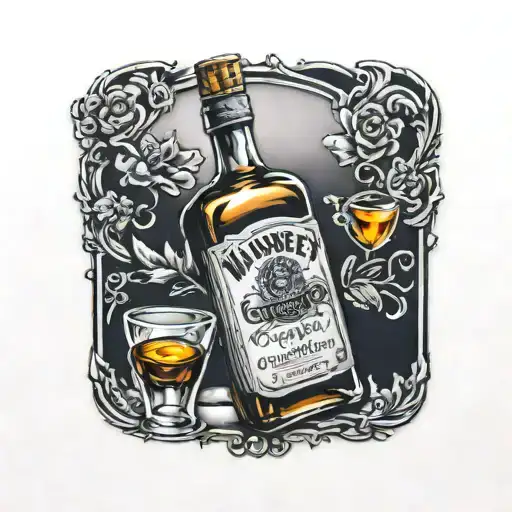 whiskey bottle and glass tattoo design idea