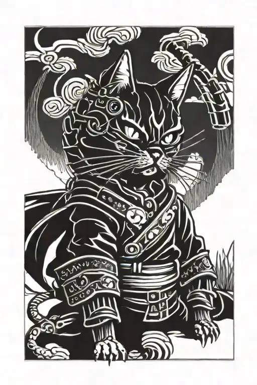 samurai cat cyberpunk tattoo design idea