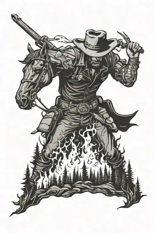 cowboy burning forest  tattoo design idea