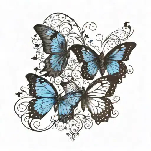 infinity symbol, 7.22.10, paw print, 3 small black crows chasing small blue butterfly tattoo design idea