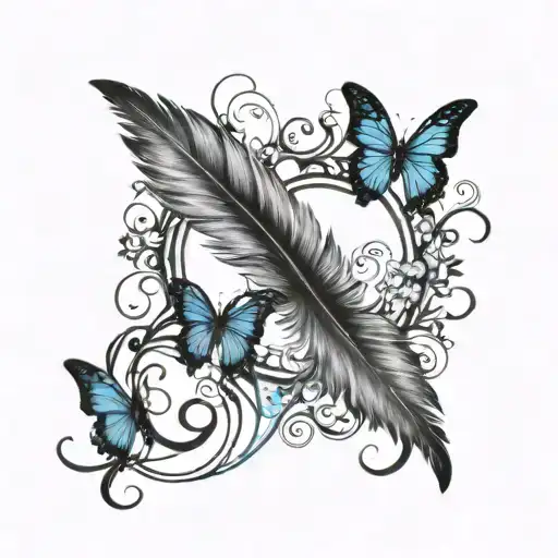 infinity with feather transforming, date 7.22.10, a paw print, 3 small black crows chasing small blue butterfly tattoo design idea